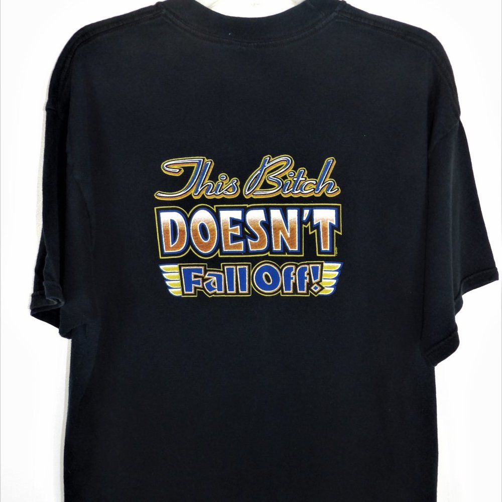 Men's Biker T-shirt "This Bitch Doesn't Fall Off" / Size XL